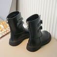 thumbnail image 3 of Girls Mid Calf Boots Adjustable Front Buckle Vintage Leather Back Zipper Round Toe Lug Sole Low Heel Motorcycle Booties 12 Little Kid Black, 3 of 6