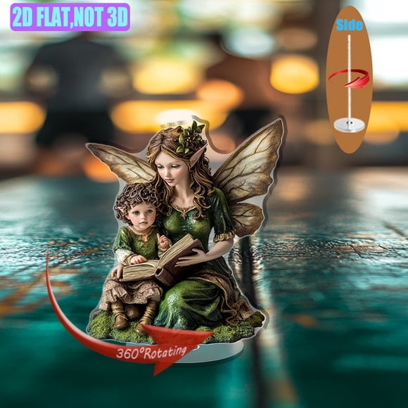 A rotating acrylic ornament featuring a serene fairy in green and gold with delicate wings whispering to an enchanted tome on a moss bed