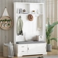 thumbnail image 2 of Knubmt Wood Hall Tree with Doors, Coat Rack with 6 Hooks & Handles, Wood Shoe Storage Bench Cabinet for Hallway, Living Room, White, 2 of 10