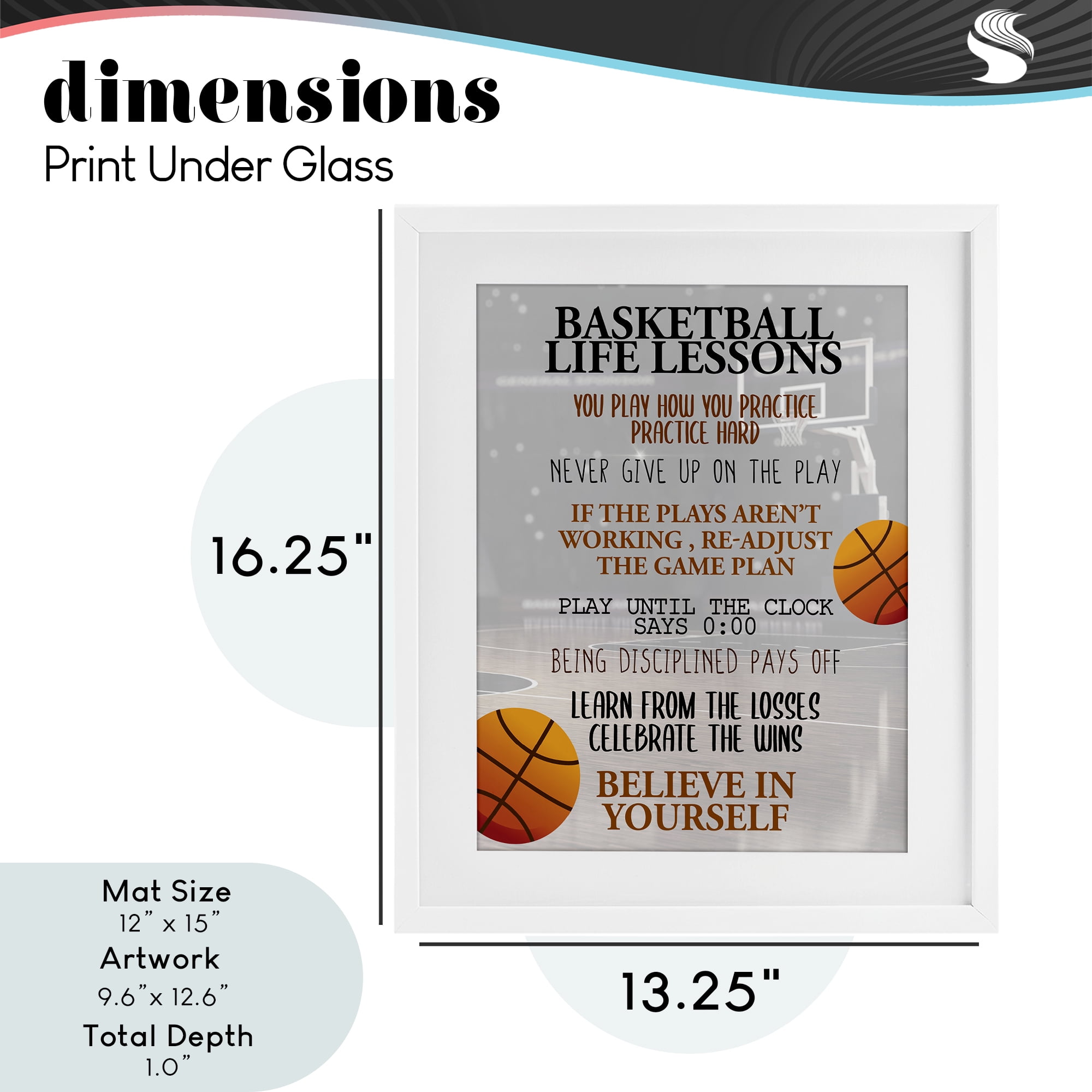 Basketball Life Lessons White Framed Print Under Glass, design by Kim Allen