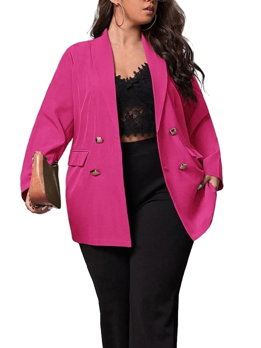 Elegant Plain Shawl Collar Regular Long Sleeve Hot Pink Plus Size ...