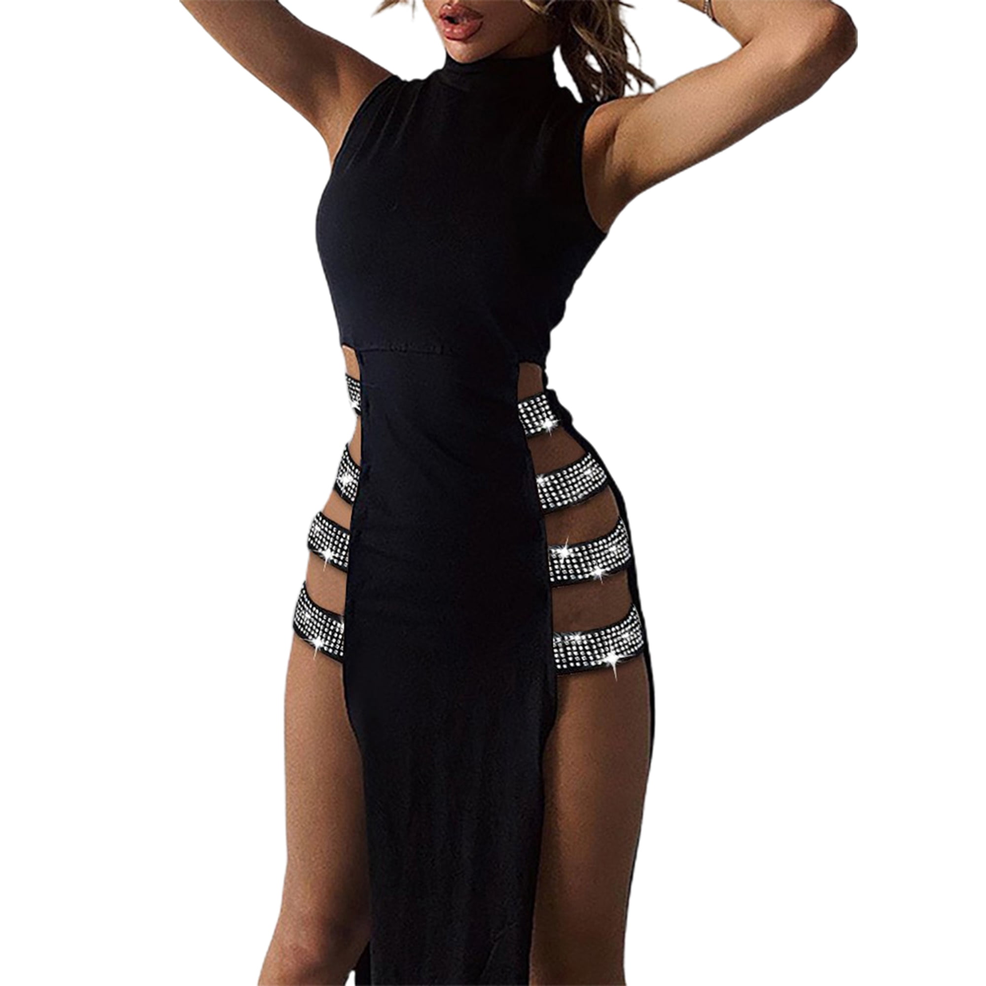 Fortune Women Party Dress Sleeveless Bodycon Dress Club High Slit Cutout Dress Black