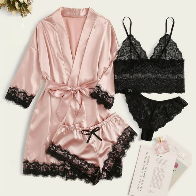 Lencería para Mujer Encaje Satén Sujetador Inalámbrico Camisola Pantalones Cortos Pijama Bata Conjunto De Cuatro Piezas Lencería Sexy Body Lencería De Talla Grande,Pink,M