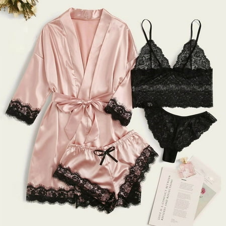 USSUMA 2024 Womens Underwear Lingerie for Women Women Lace Satin Wireless Bra Camisole Shorts Pajamas Robe Four Piece Set Deals - up to 30% off Pink XS
