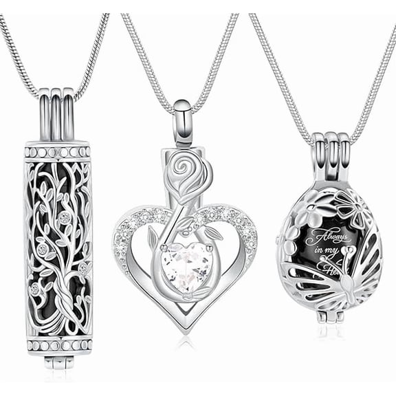 3 Pcs Tree of Life / Heart / Butterfly Urn Necklace for Ashes Memorial Cremation Jewelry Ashes Memorial Keepsake Pendant Birthstone Stainless Steel Remembrance Jewelry