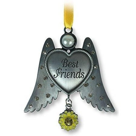 Best Friends Ornament - Pewter Finish Angel Wings with Heart Ornament - Jeweled Wings with a Sunflower Charm - Friendship Ornament