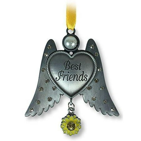 Best Friends Ornament - Pewter Finish Angel Wings with Heart Ornament - Jeweled Wings with a Sunflower Charm - Friendship