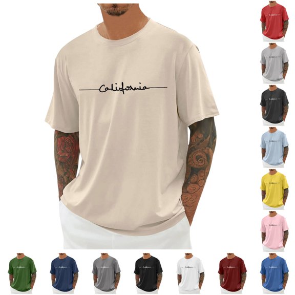 XIAONU Letter Print T Shirt for Men Crew Neck Short Sleeve Casual Blouse