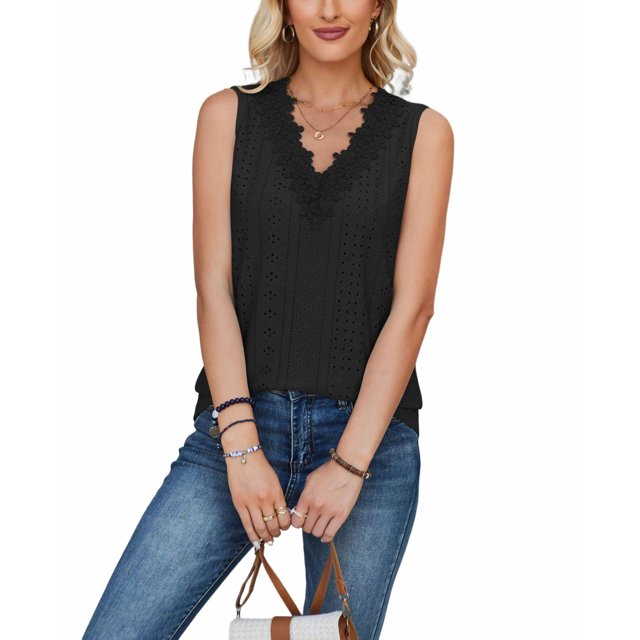 Women's V-Neck Shirts Summer Sleeveless Solid Color Eyelet Embroidery T-shirts Casual Loose Fit Flower Decoration Tops
