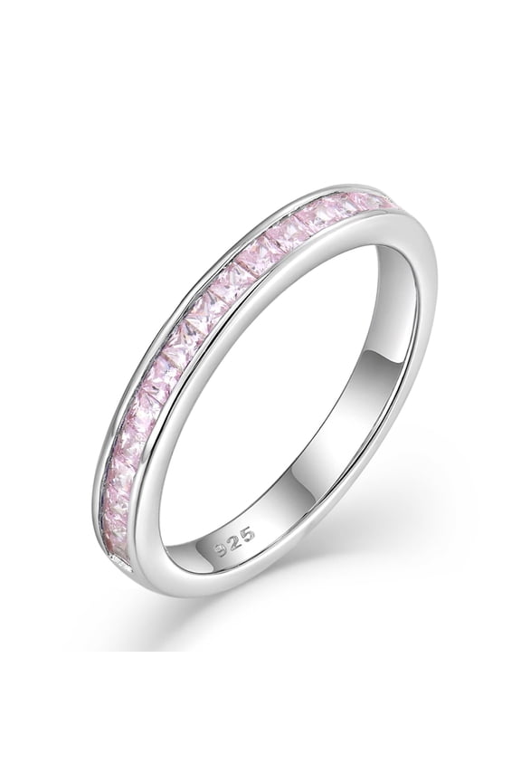 Stackable Ring for Women 925 Sterling Silver Eternity Band Princess Cut Birthstone October Pink Tourmaline Rings Size 8