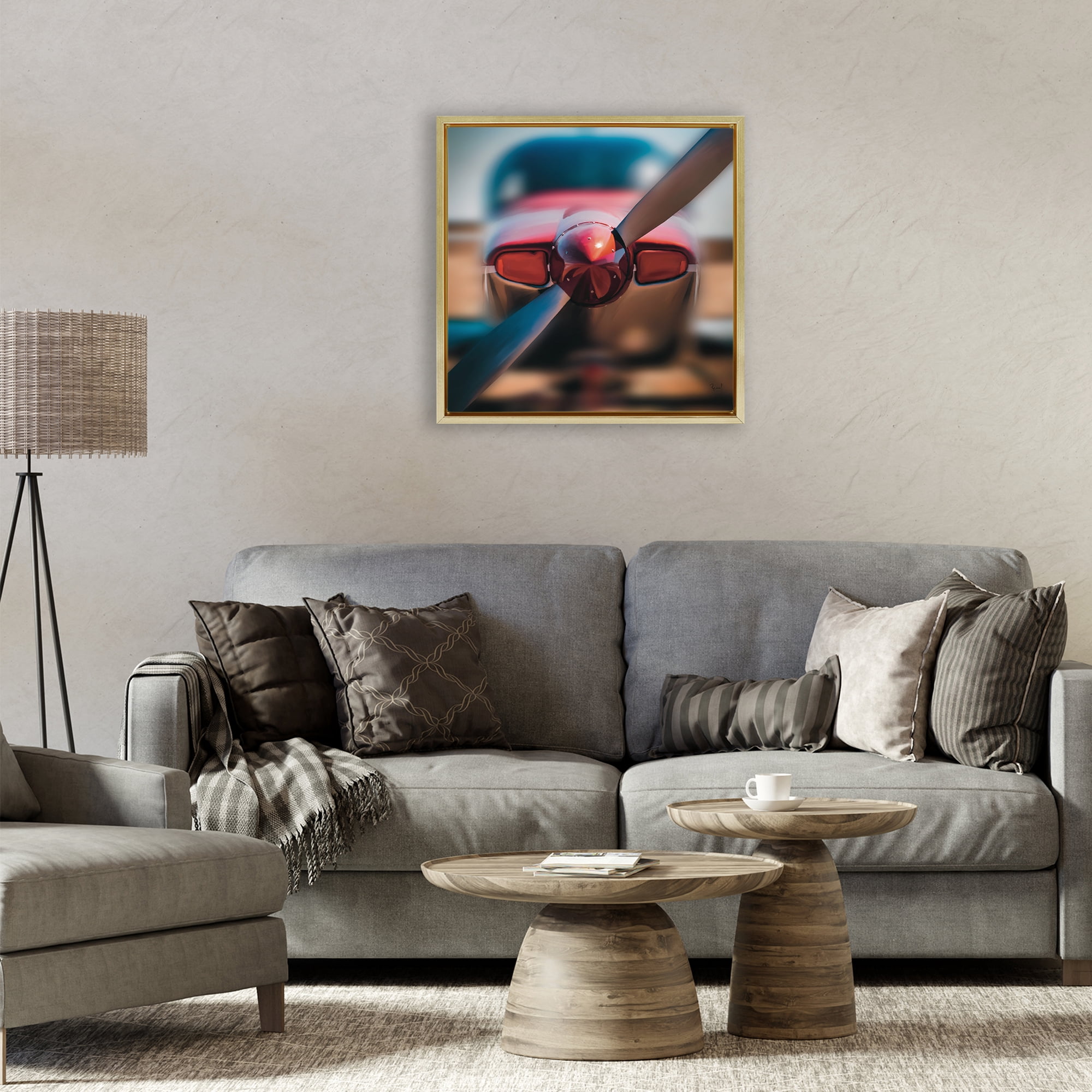 Stupell Industries Red Aircraft Propeller Gold Framed Floater Canvas Wall Art, design by Renel Peters