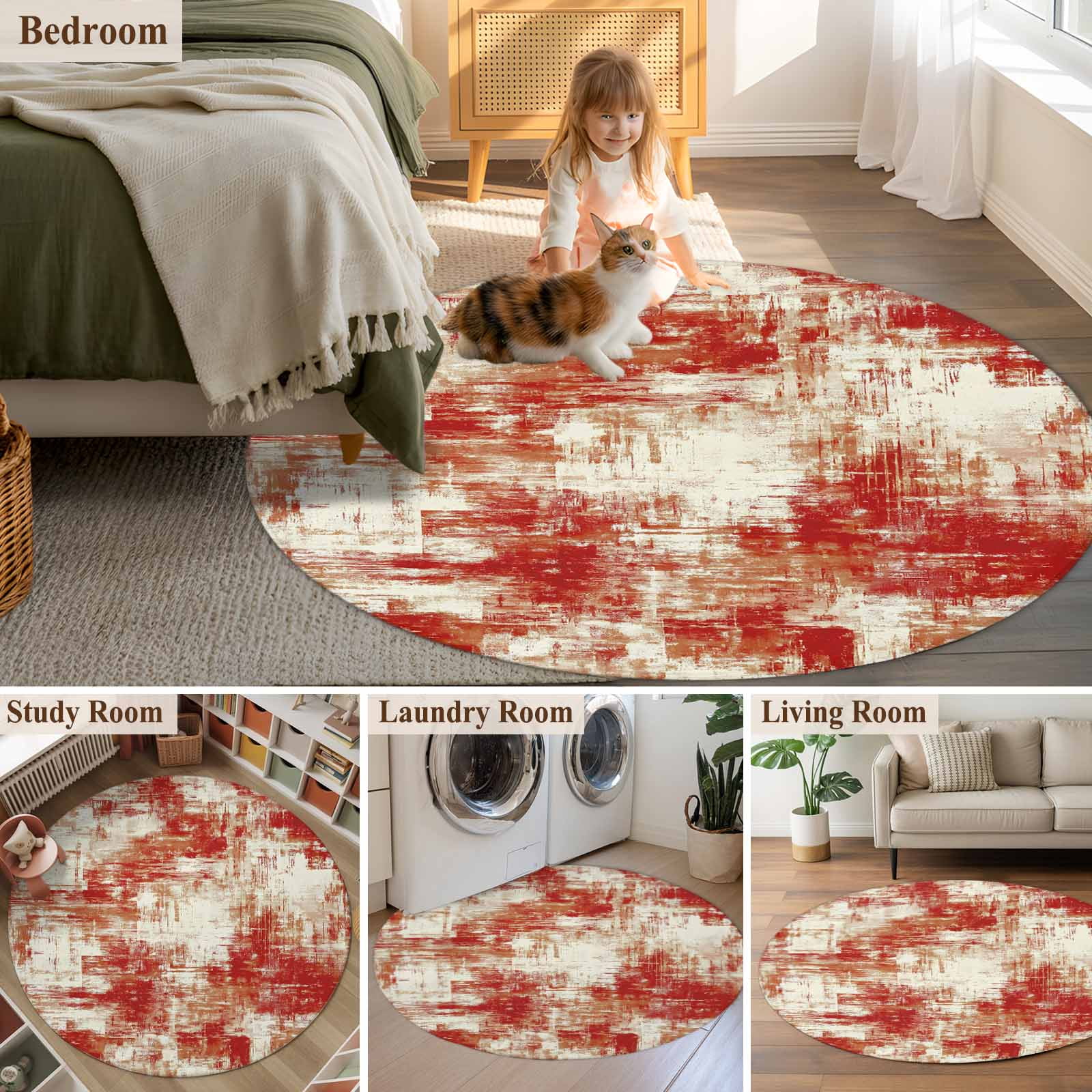 Round Area Rug 8 Ft, Red Ombre Washable Non-Slip Circle Carpet for Living Room/Bedroom, Gradient Abstract Art Vintage Collection Low-Profile Large Area Rugs for Indoor