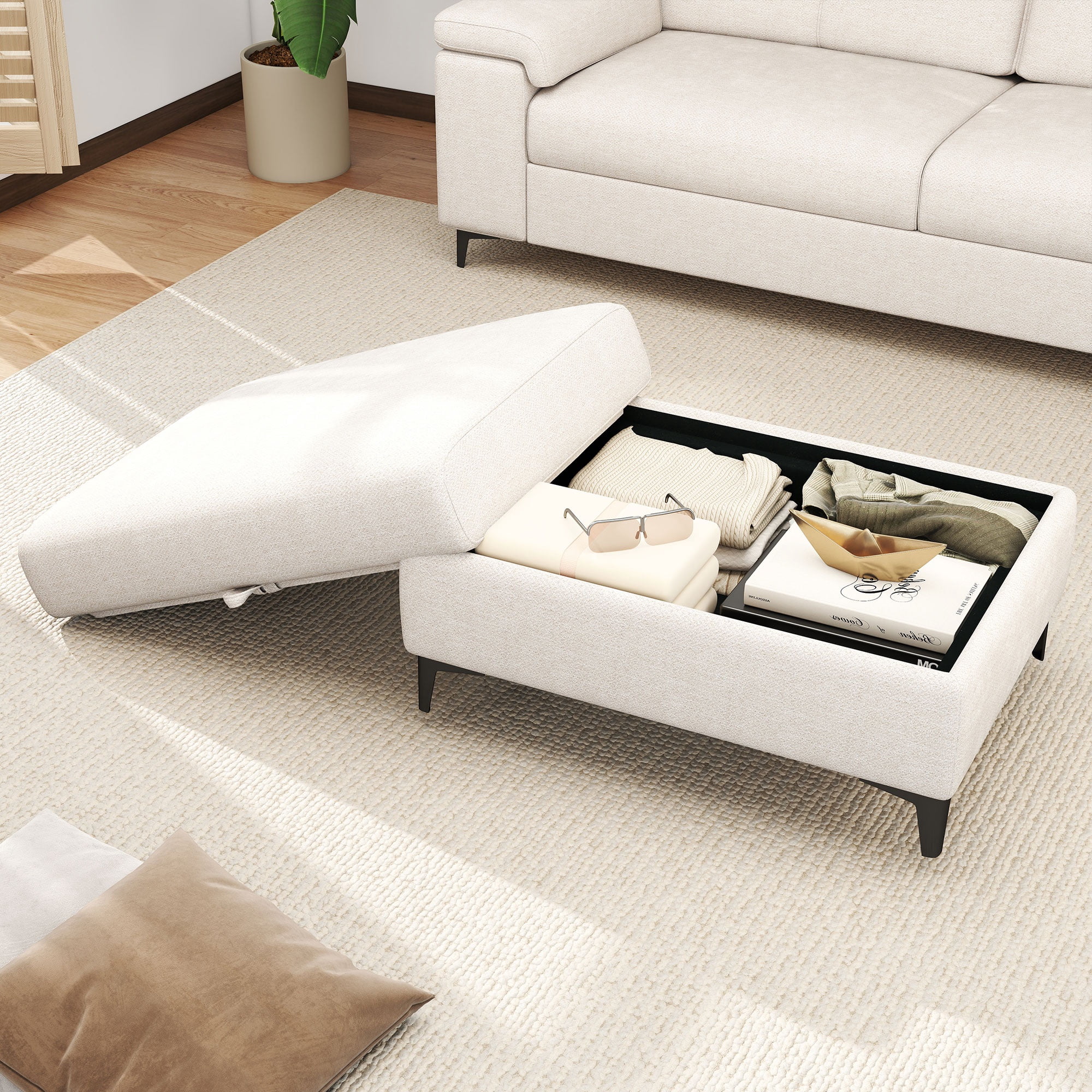 Modular Storage Ottoman for Sectional Sofa Chenille Upholstered Footrest Stool for Living Room Beige