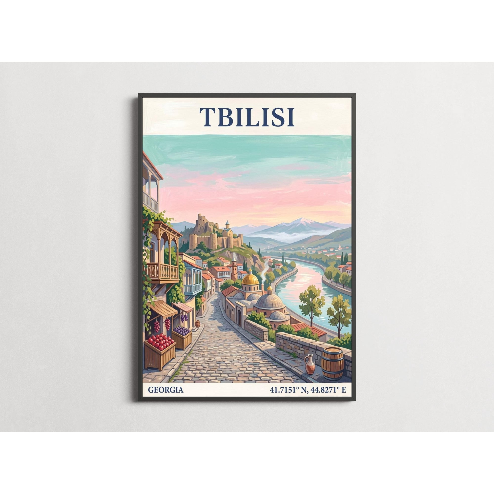 Tbilisi Vintage Travel Teal And Gold Tones Decorative Wall Art Poster , Poster Print Only