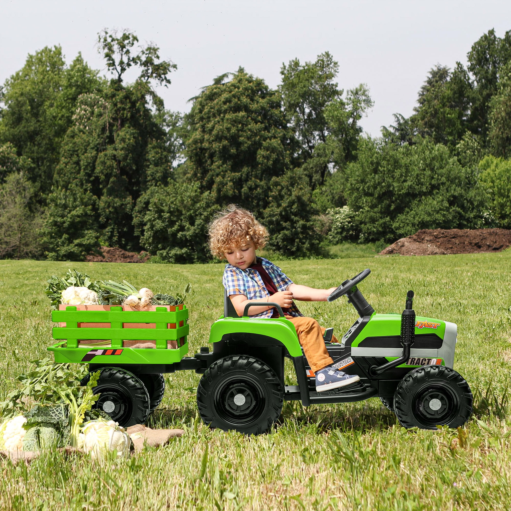 CIPACHO 12v Battery-Powered Kids Toy Tractor with Trailer and 3-Gear-Shift Ground Loader Ride On with USB&Bluetooth Audio Functions, Green CIPACHO 12v Battery-Powered Kids Toy Tractor with Trailer and 3-Gear-Shift Ground Loader Ride On with USB&Bluetooth Audio Functions, Green