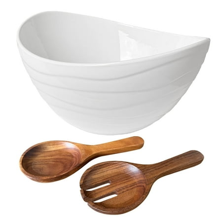 Qlans Extra Large Elegant Ceramic Oval Salad Bowl Set with Premium Acacia Wood Salad Serving Utensils - Large Capacity, Stylish and Practical, Kitchen Must-Have