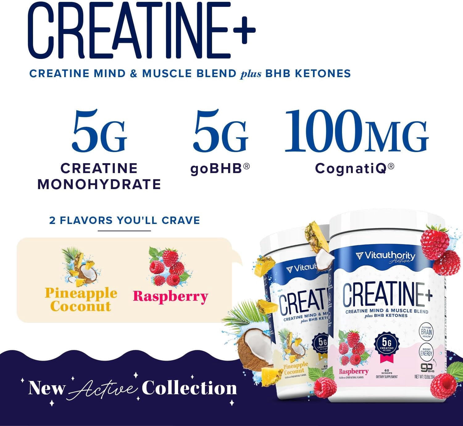 Vitauthority Creatine Powder for Women with goBHB and CognatiQ, Pineapple Coconut, 60 Servings