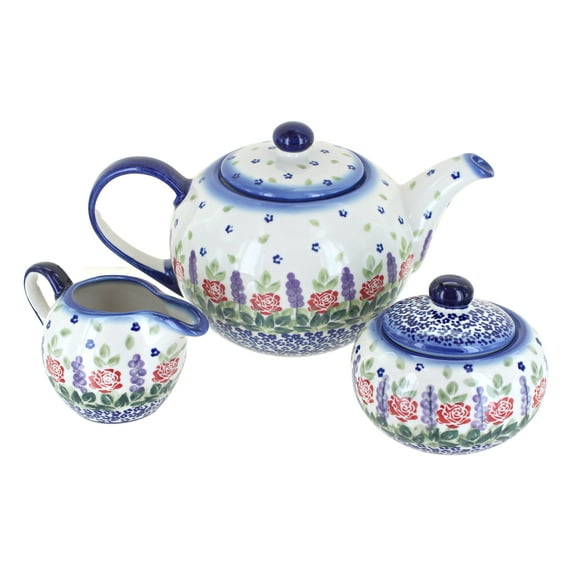 Blue Rose Polish Pottery Roses Are Red 3 Piece Tea Set