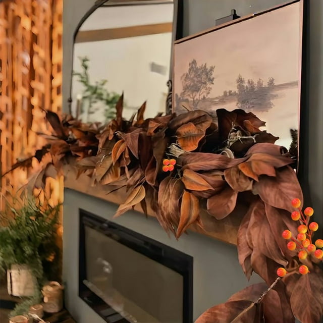 Guirnalda de Hojas de Magnolia Marrón de 1,8 M | Apta para Exteriores | No Se Desprenden Las Hojas | Estilo Otoñal Sencillo | Tallos de Seda Sintética y Plástico | Exhibición Cubierta para Interiores