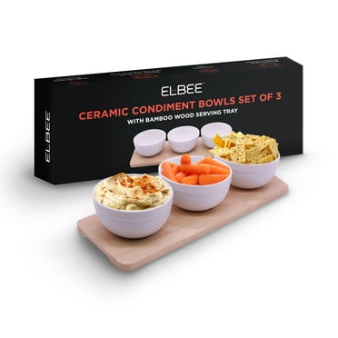Elbee Home Set of 3 Ceramic Condiment Bowls with Bamboo Wood Serving Tray - Perfect for Sauces, Dips, Snacks, and Appetizers - Elegant and Versatile Serving Set for Home and Kitchen
