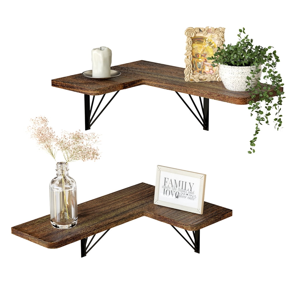 J JACKCUBE DESIGN Floating Corner Shelves Set of 2, Wall Mounted Wooden Shelf with Metal Brackets for Living Room Bedroom Kitchen Bathroom - MK700A