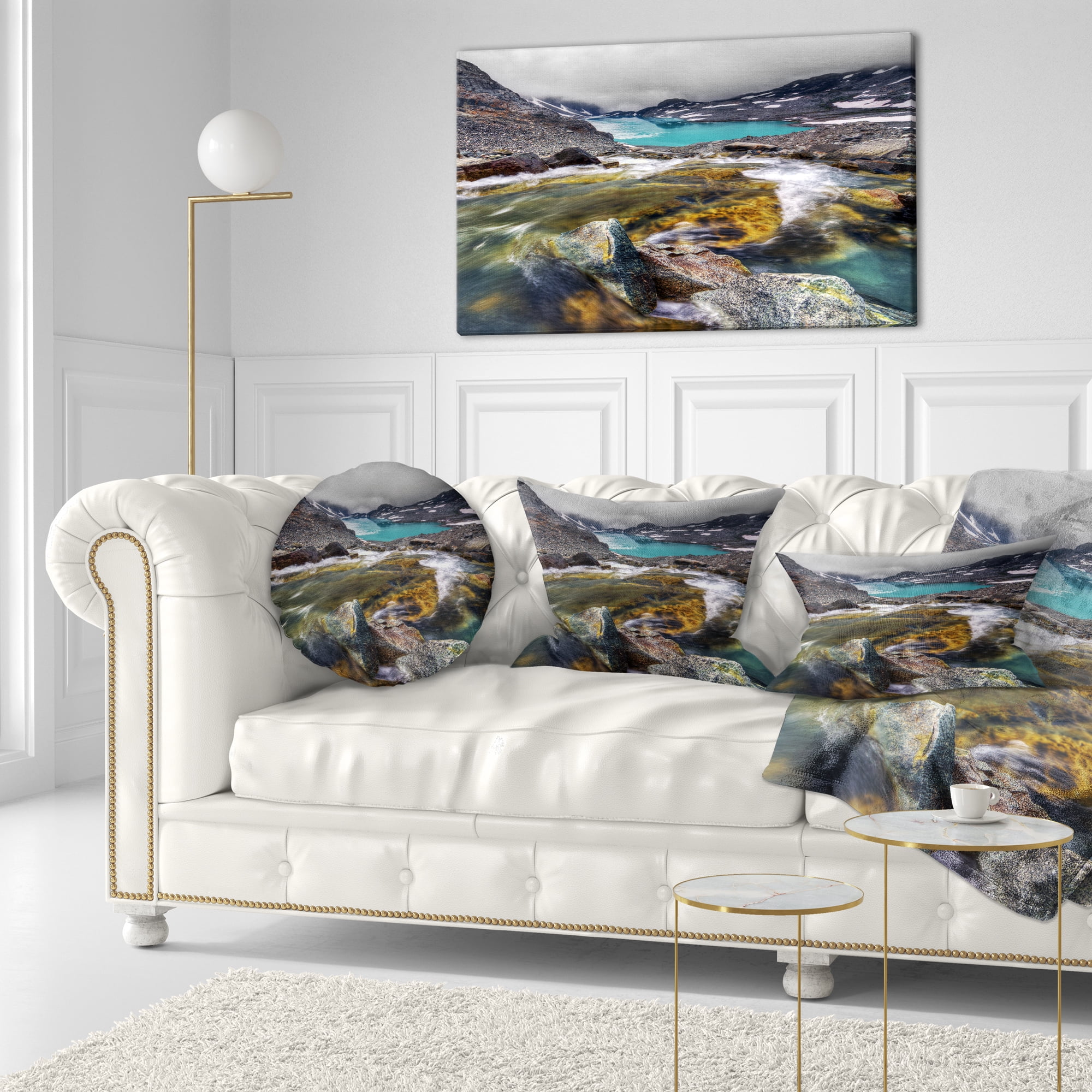 Designart Mountain Creek Flowing into Lake - Landscape Printed Throw Pillow - 12x20