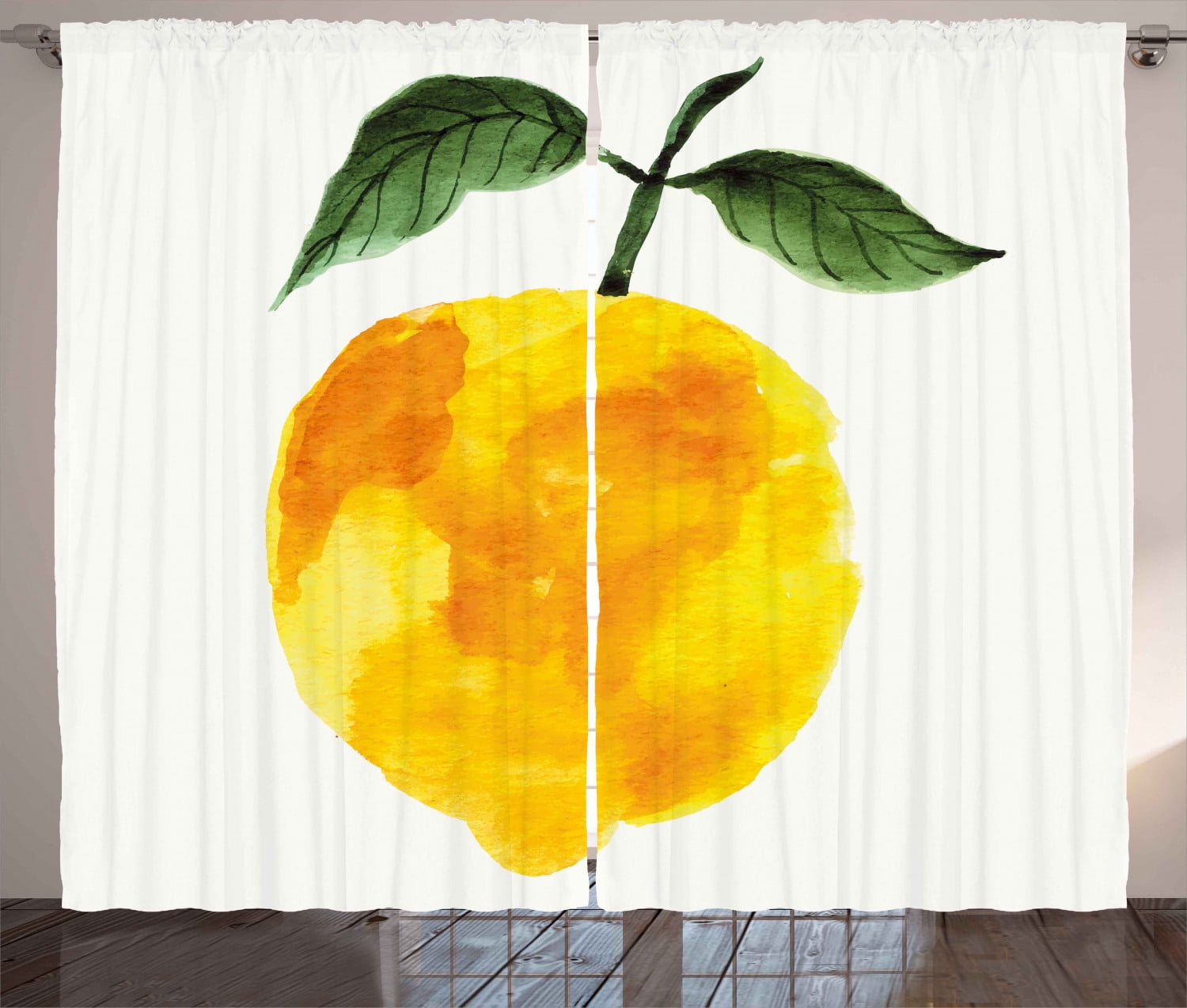 Yellow And Orange Curtains 2 Panels Set Hand Drawn Lemon