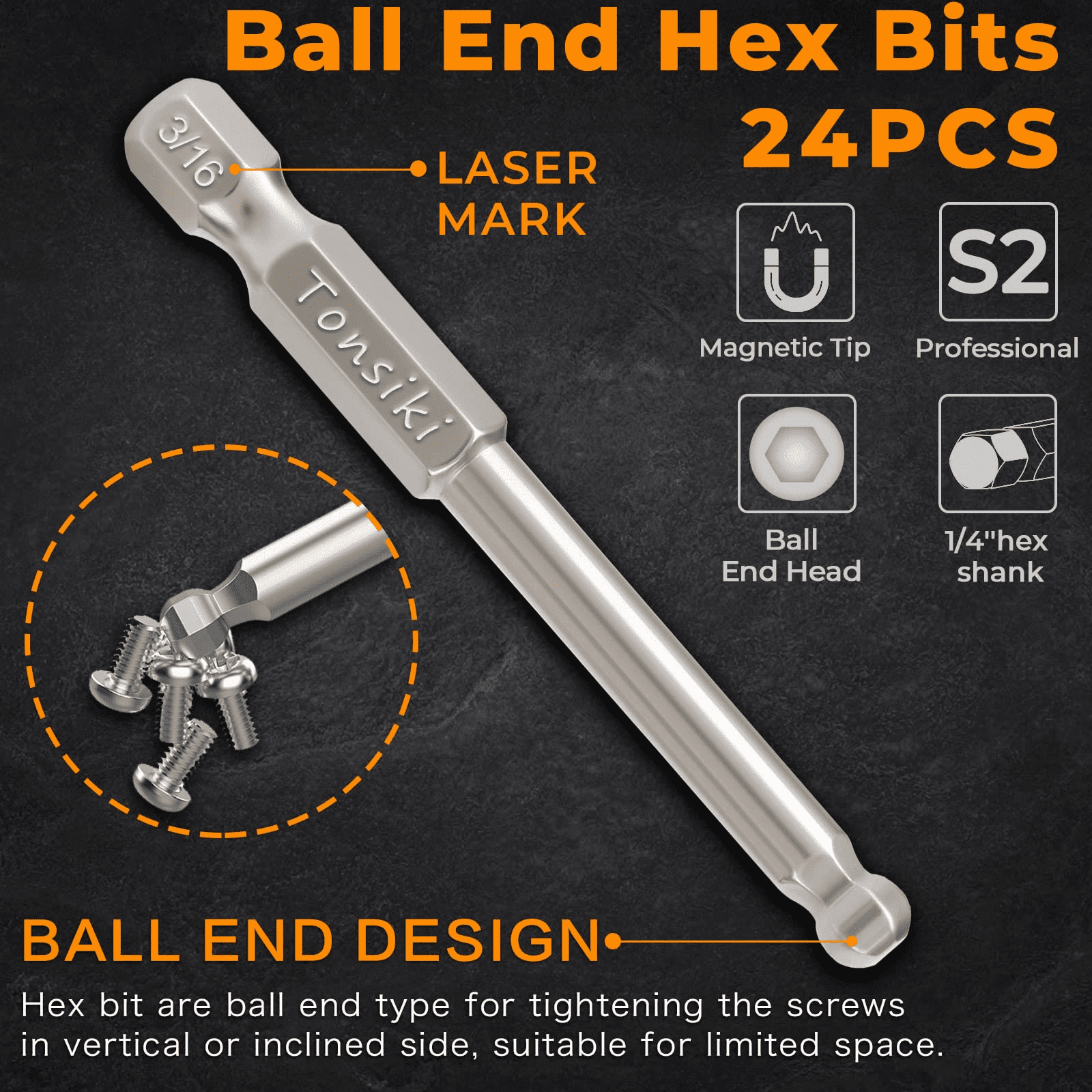 Tonsiki Hex Head Allen Wrench Drill Bit Set 24pcs (Metric&SAE), 1/4” Hex-Shank S2 Steel Allen Key Drill Bit