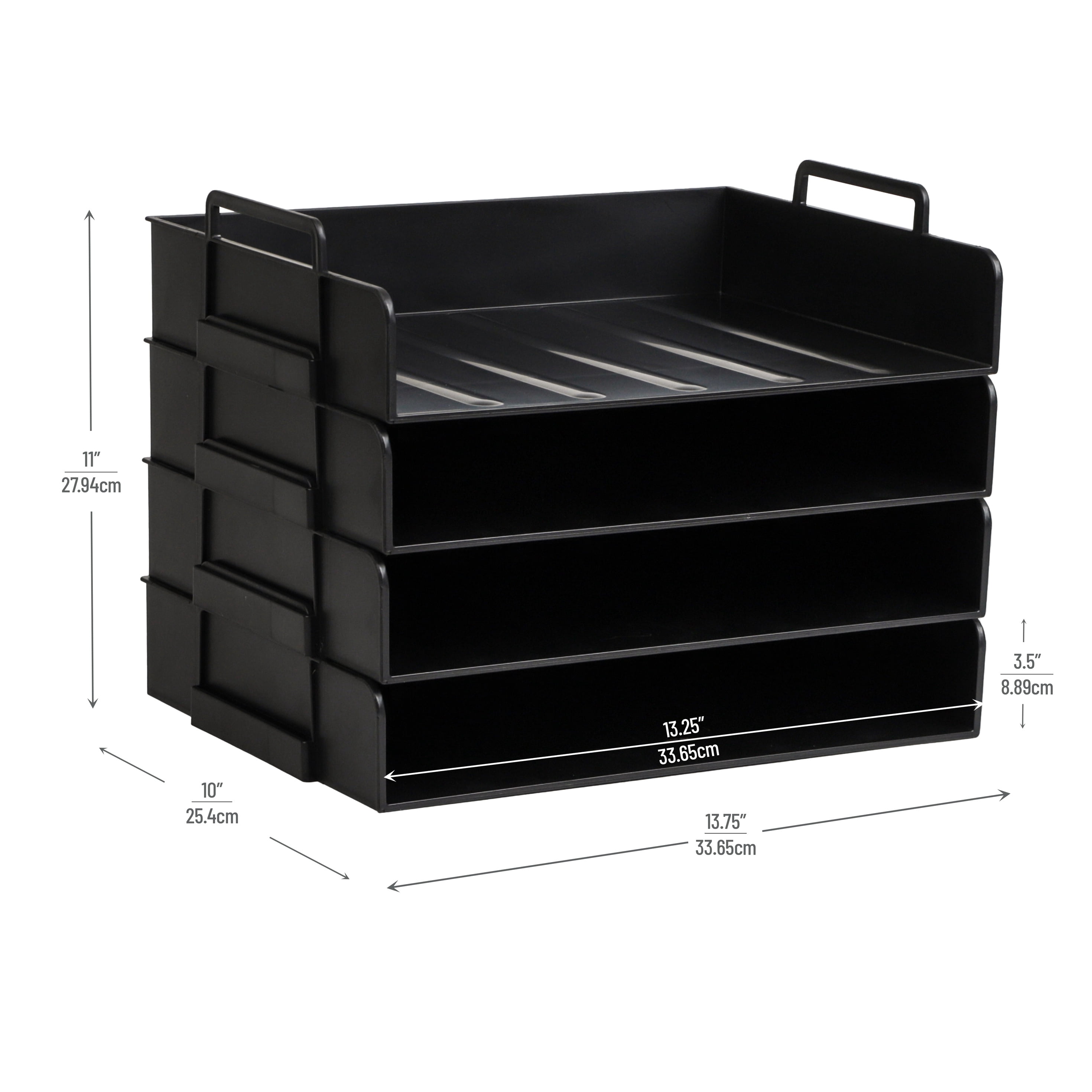 Mind Reader Stackable Paper Tray, Desktop Organizer, File Storage, Office, Plastic, 13.75"L x 10"W x 10.75"H, 4 Pcs., Black