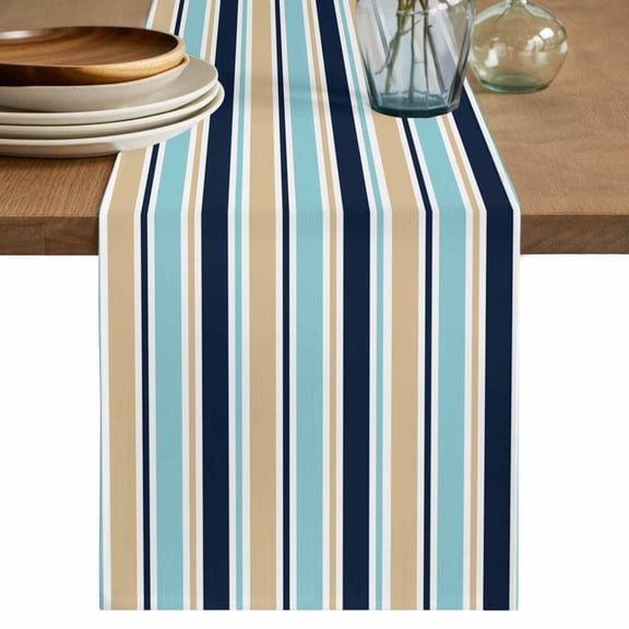 Khaki Striped Table Runner 36 Inches, Navy Blue Farmhouse Stripes Modern Abstract Art Bed Runner Dresser Scarves Tabletop for Indoor Outdoor Parties/Ceremony/Banquet, 13"x 36"