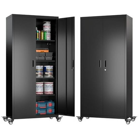 Aobabo 73''H Metal Garage Storage Cabinet with Wheels, Locking Steel Storage Cabinet, Rolling Tool Storage Cabinet for Garage,Office, Assembly Required, Black