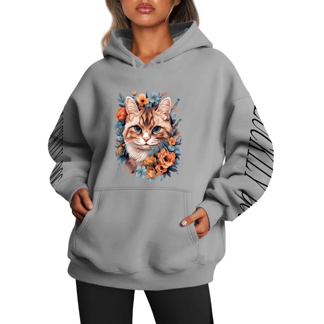 WEAIXIMIUNG Chandails Molletonnés Grande Taille pour Femmes à Imprimé Graphique Chat/chien, Chandail à Capuchon Décontracté à Cordon pour Femmes