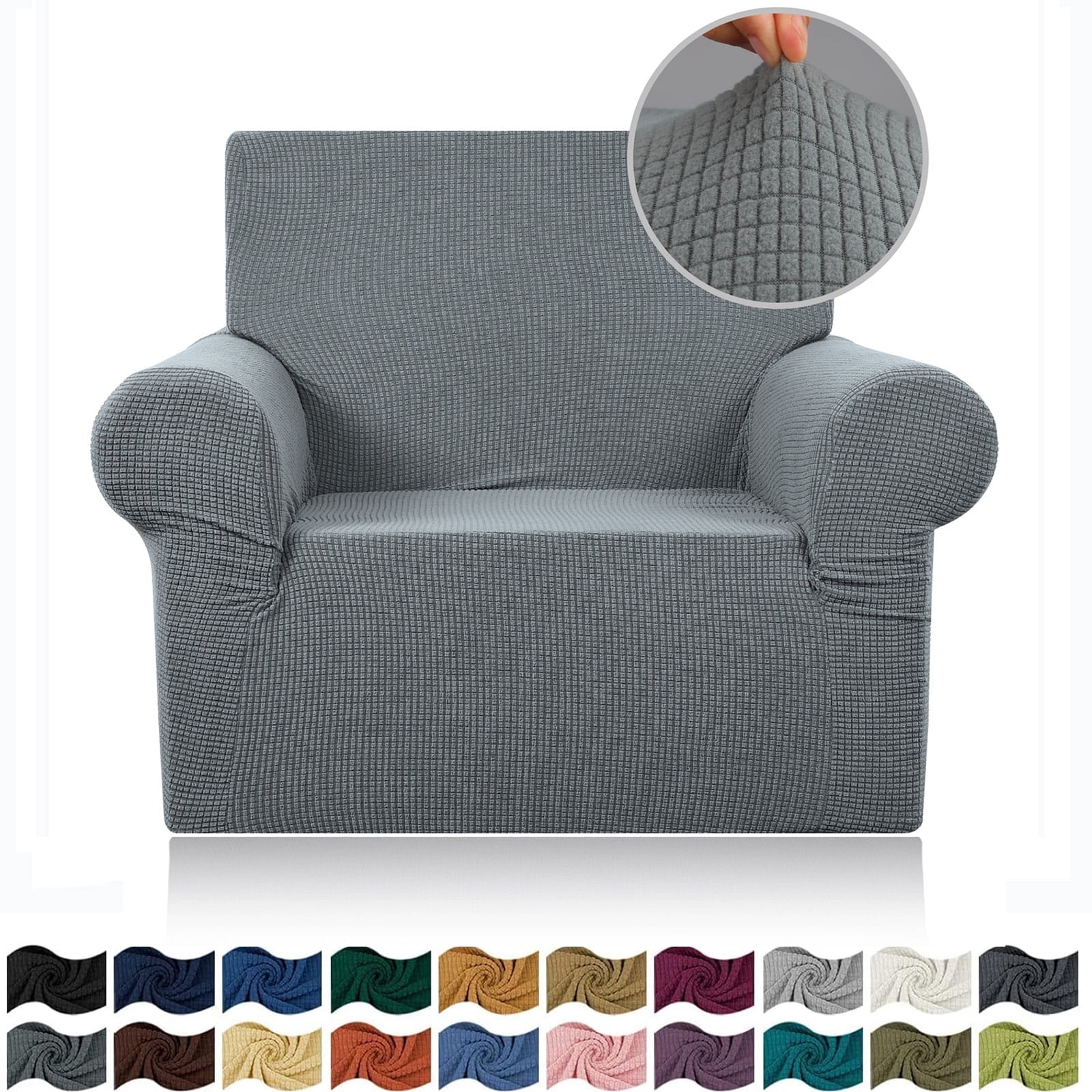 Stretch Single Sofa Slipcover 1 Piece Couch Sofa Cover Furniture Protector 1 Seater Sofa with Elastic Bottom for Kids and Pets,Jacquard Small Checked Pattern Fabric（with Velcro）