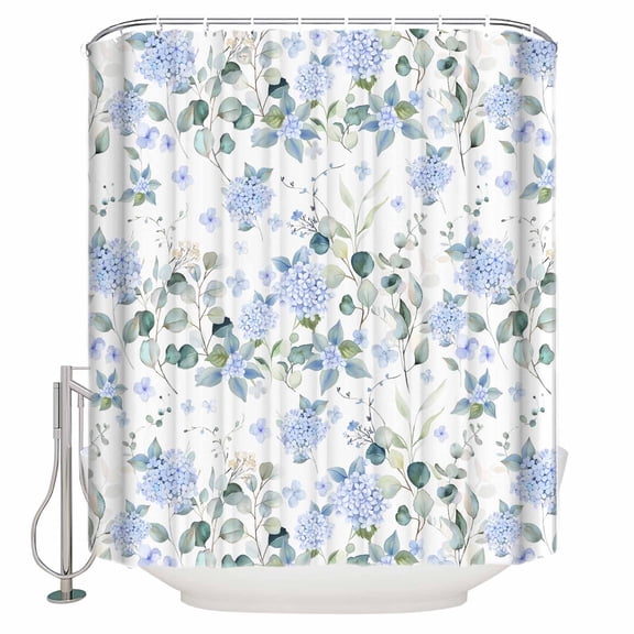 Extra Long Shower Curtain 72x96 Inch, Blue Flower Shower Curtain Waterproof Bathroom Decor Sage Green Eucalyptus Leaf Farmhouse Country Fabric Bath Curtain Set Accessories with Hooks