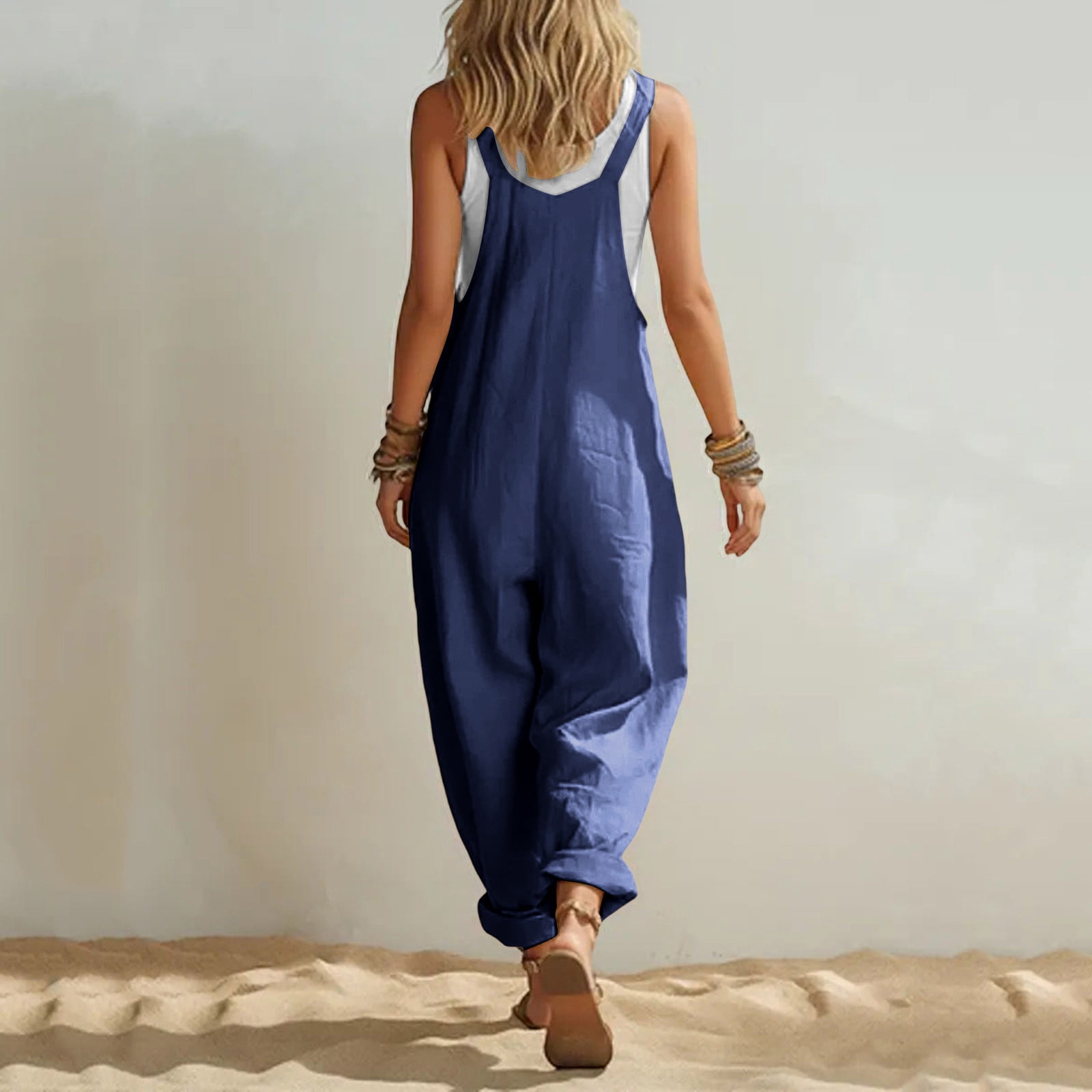Women's Summer Cotton‑Linen Spaghetti Strap Jumpsuit Solid‑Color