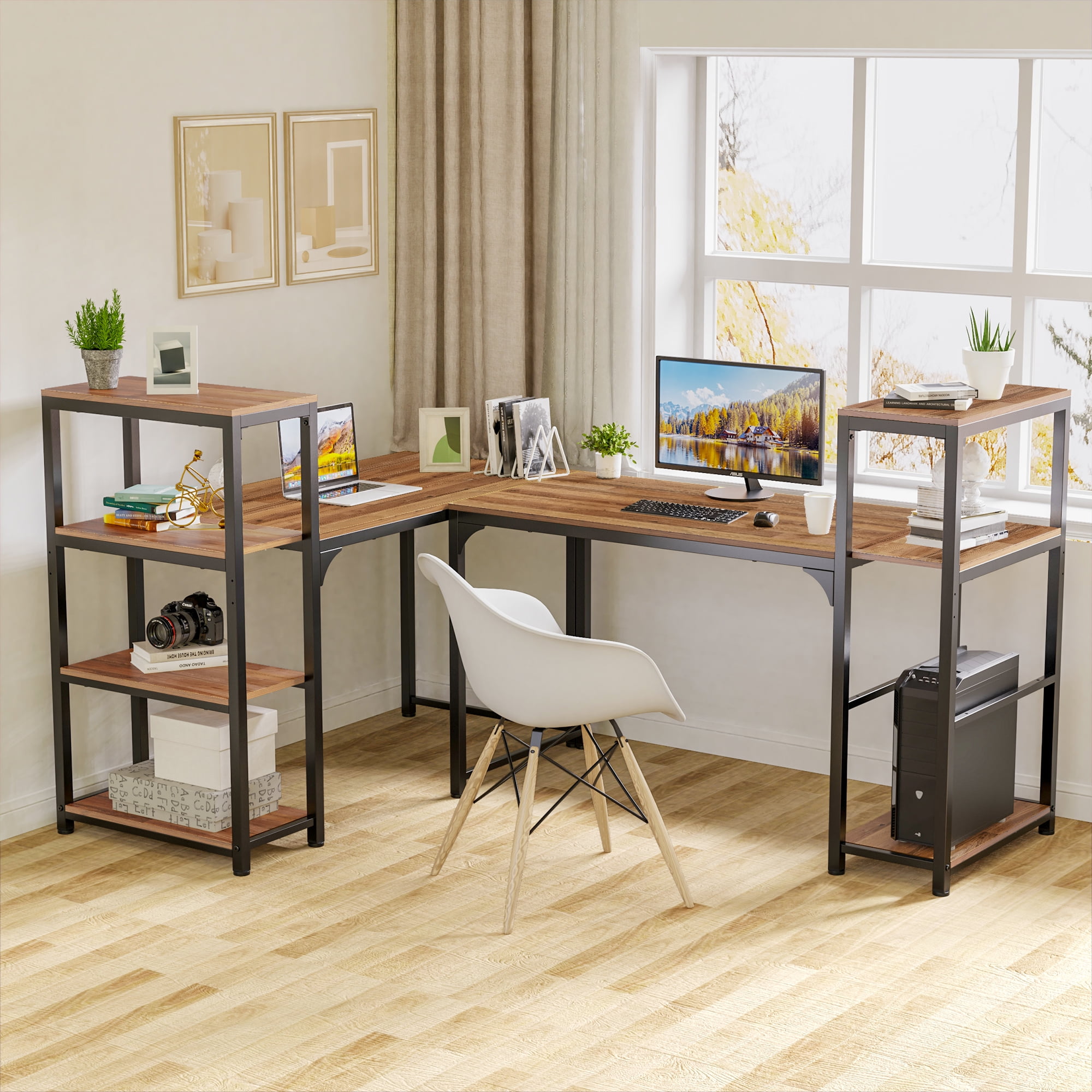 Eureka Ergonomic Wood Computer Desk with 4 Tier Shelves 55 inch Writing