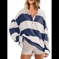 thumbnail image 1 of Suéteres de Cuello en V y Larga con Botones y Bloques de Color A Rayas para Mujer, Moda de Otoño 2025, Talla Grande y Azul L, 1 of 7