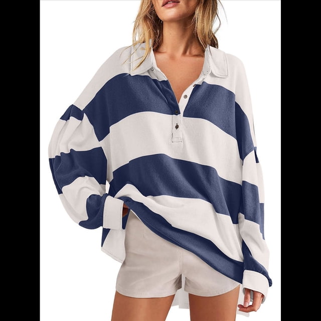 Suéteres de Cuello en V y Larga con Botones y Bloques de Color A Rayas para Mujer, Moda de Otoño 2025, Talla Grande y Azul L