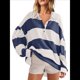 thumbnail image 1 of Suéteres de Cuello en V y Larga con Botones y Bloques de Color A Rayas para Mujer, Moda de Otoño 2025, Talla Grande y Azul S, 1 of 7