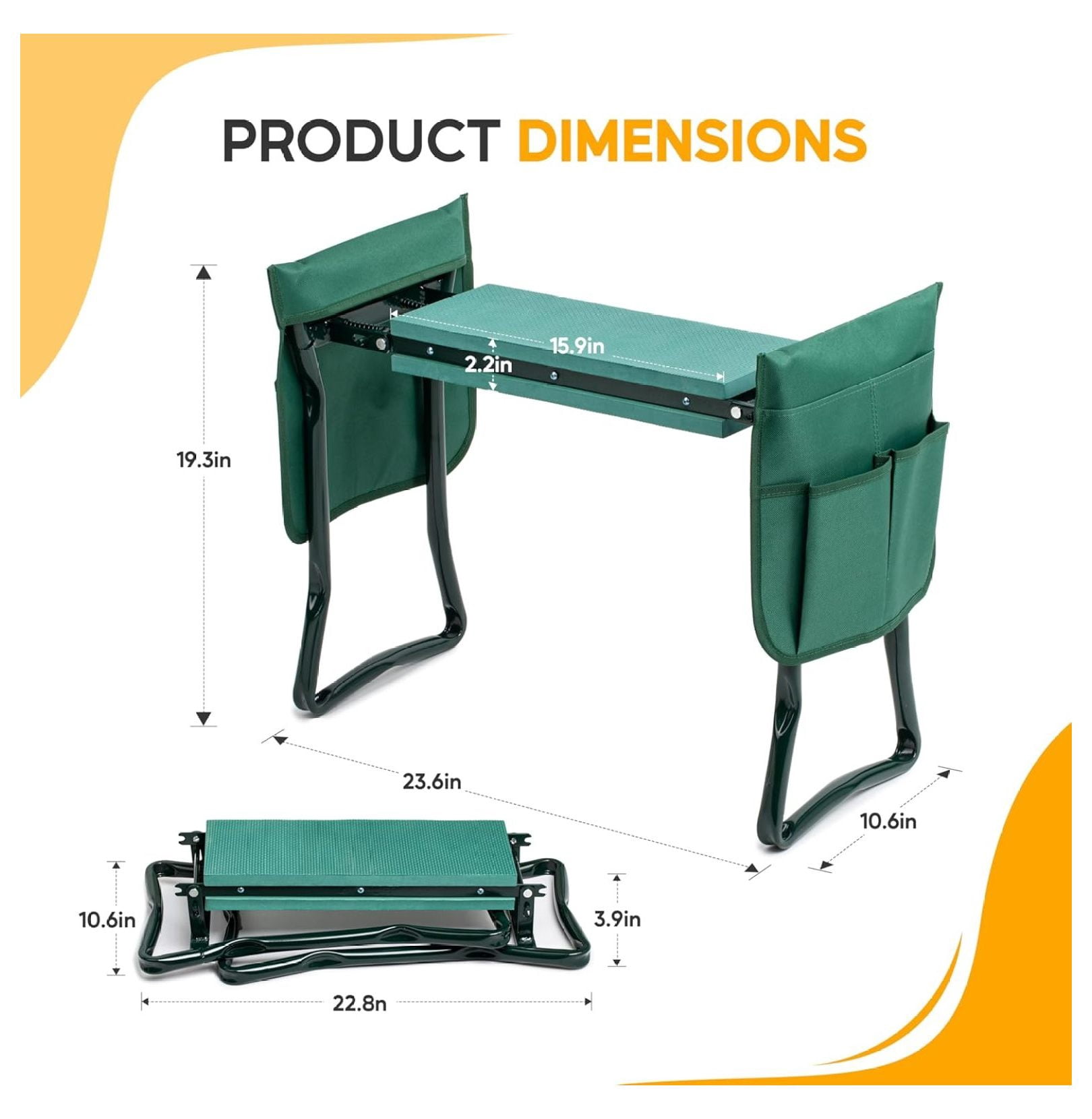 Garden Kneeler and Seat, Foldable Gardening Stool with Tool Pouch - Heavy Duty Kneeling Pad for Outdoor Work, Fishing, Arbor Day Gift - Green