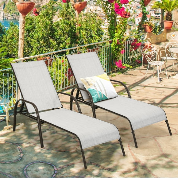 Costway Set of 2 Patio Lounge Chairs Sling Chaise Lounges Recliner Adjustable Grey