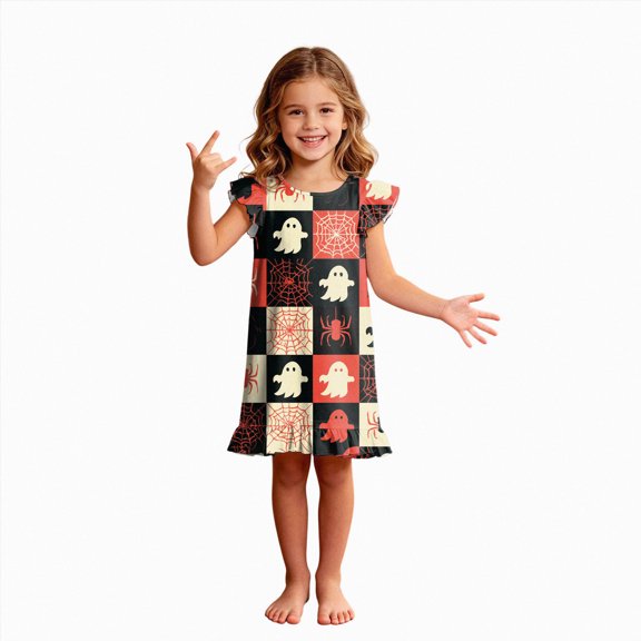 NOLDARES Girls Nightgowns Soft Sleepwear Nightdress Flutter Sleeve Halloween Ghost Print Pajamas(N202-Red)