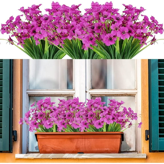 Artificial Flowers Violet 12 Bundles UV Resistant Outdoor Fake Plastic Faux Greenery Plants for Spring Decoration Window Box Wedding Home Garden Porch Decoration Purple Violet