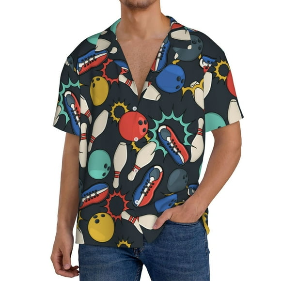 Vsdgher Bowling Ball Print Men's Cuban Shirt, Hawaiian Shirts, Business Casual Button Down Shirts, Short Sleeve Shirt-Large