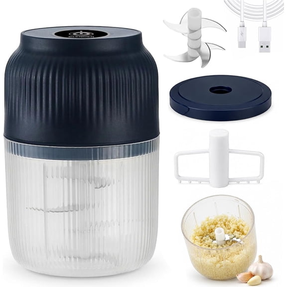 2026 Upgraded 6 Blades Household Electric Garlic Crusher - 350ml Garlic Mincer Electric with Lid & Egg Beater, Portable Mini Electric Food Chopper for Garlic, Onion, Ginger, Chili and Fruit (Blue)
