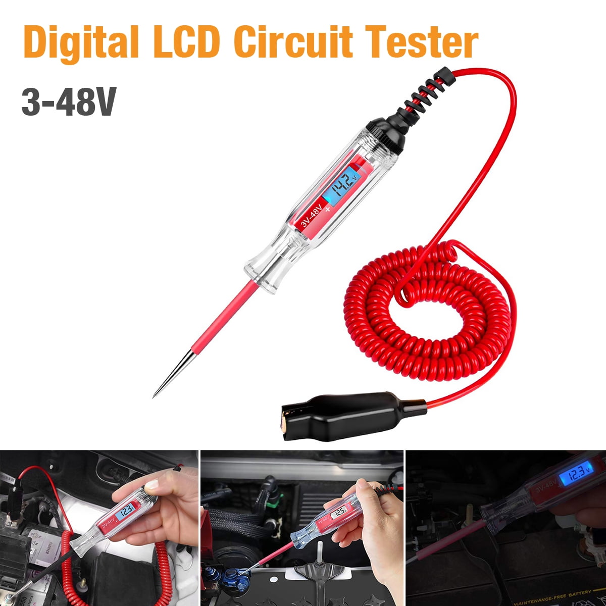 348V Backlit Digital LCD Circuit Tester, Test Light with Extended