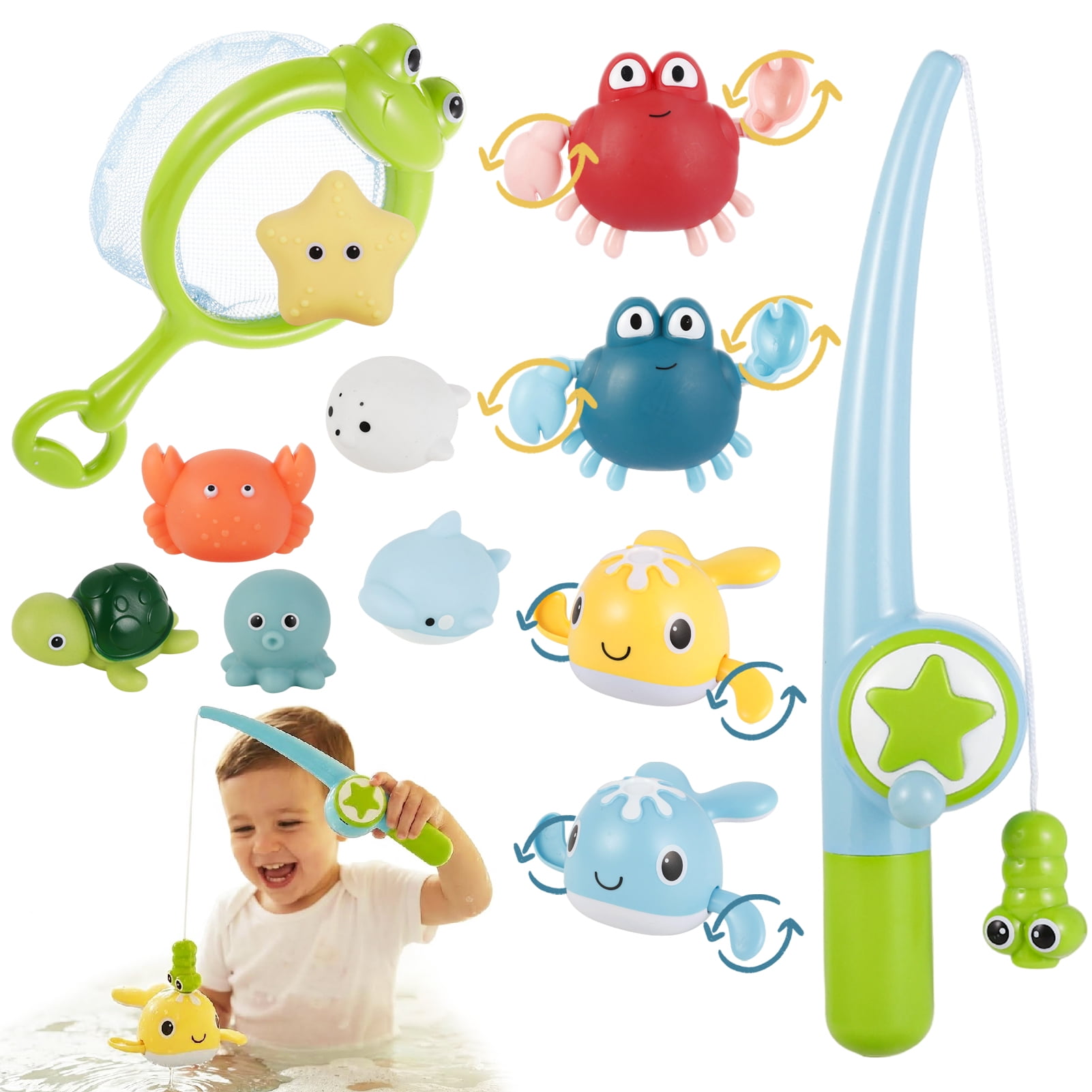 sixwipe Bath Toys for Babies 6-12 Months+, Swimming Ducks Amphibious Dinghy Bath Toys for Toddlers 1-3, No Hole Animal Floating Pool Toys, Fishing Net Watering Can Baby Bathtub Water Toys