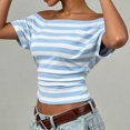 thumbnail image 6 of yillto Women off Shoudler Tops Striped Short Sleeve Shirts Casual Tunics Tees Ruched Slim Fashion Outfits, 6 of 7