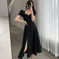 thumbnail image 2 of Solid Puff Short-Sleeved Elegant Slit Dress New Fashion Women V-neck Full Dresses Ladies High Waist Slim Evening Party Vestidos, 2 of 9