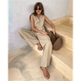 thumbnail image 4 of Women'S 2 Piece Outfits Linen Vest Waistcoat Dressy Casual Sets Wide Leg Pants Suits Khaki L, 4 of 10